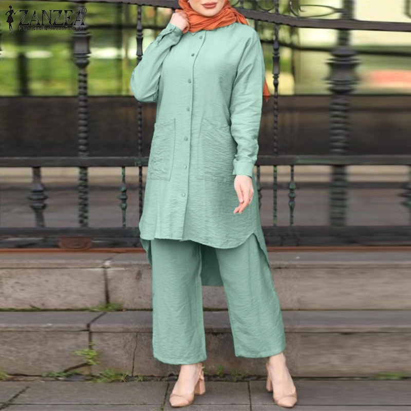 ZANZEA Women Full Sleeved Casual Loose Solid Blouse Suits Muslim Sets