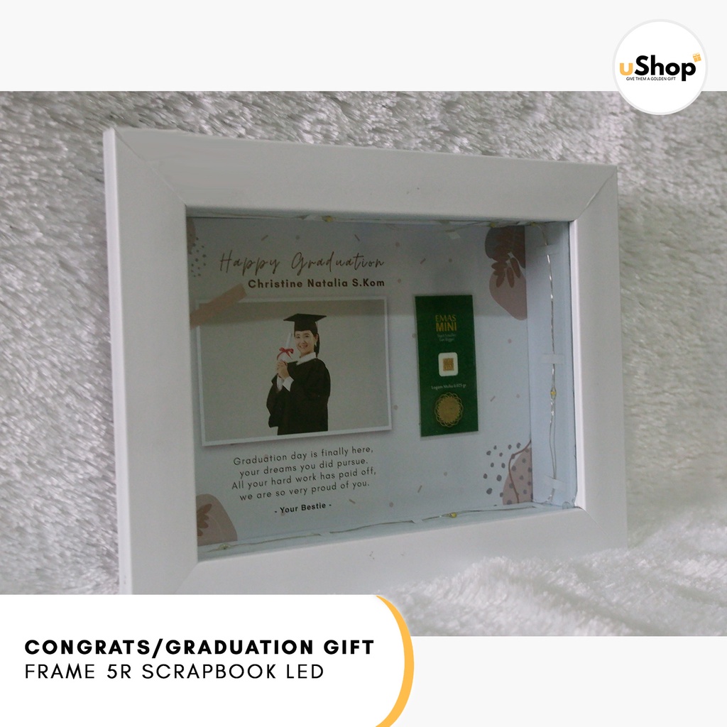 Graduation Congratulation Gift Kado Wisuda Frame 5R Scrapbook LED Logam Mulia Emas Mini