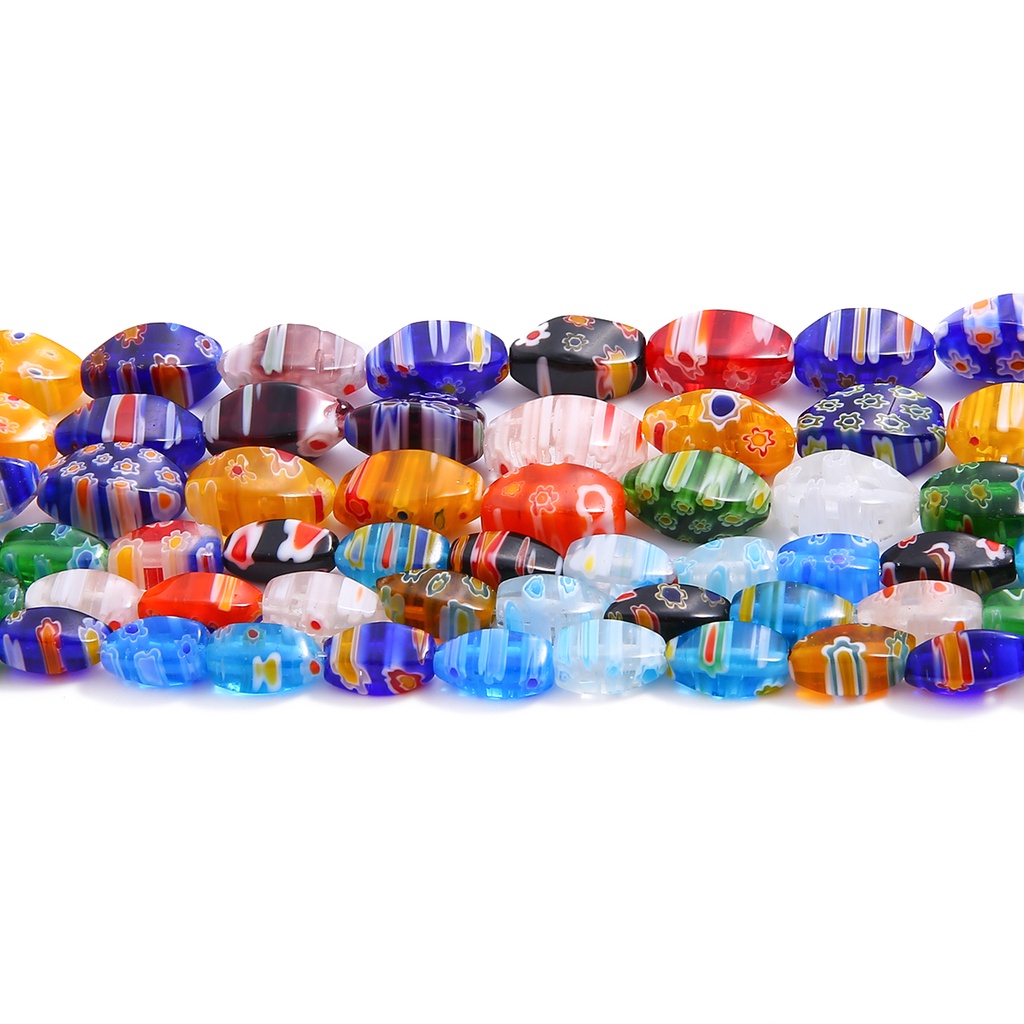 24-34Pcs 6x12/8x16mm Putar Bentuk Oval Pola Bunga Warna Campuran Lampwork Manik-manik Kaca DIY Perhiasan Gelang Membuat Temuan DIY