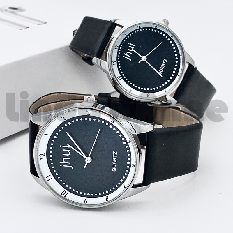 Jam Tangan Jhui Analog Quartz Pria Dan Wanita Strap Pu Hitam Casual Import