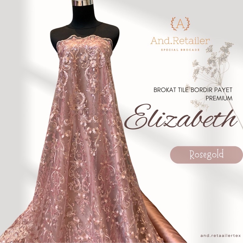 Bahan Kebaya MewaH Brokat Tile Payet Elizabeth Warna Rose Gold