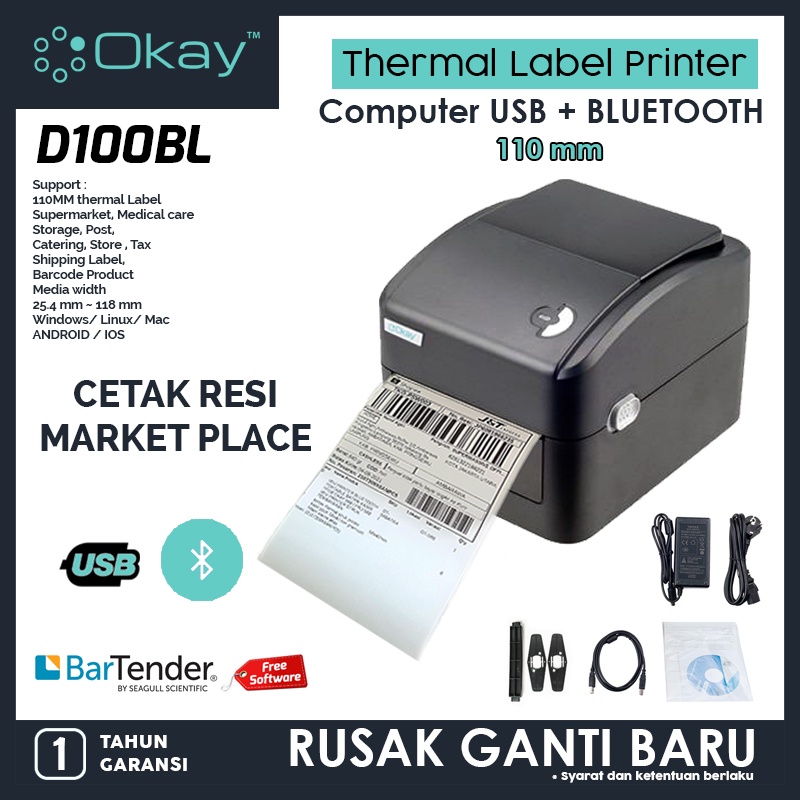 OKAY D100 BW BL Printer label pengiriman barcode thermal Max Sticker A6 110mm Printer Resi