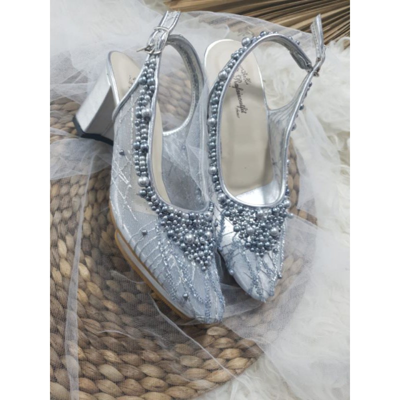 Calista silver brukat cantik sepatu wanita cantik hak tahu