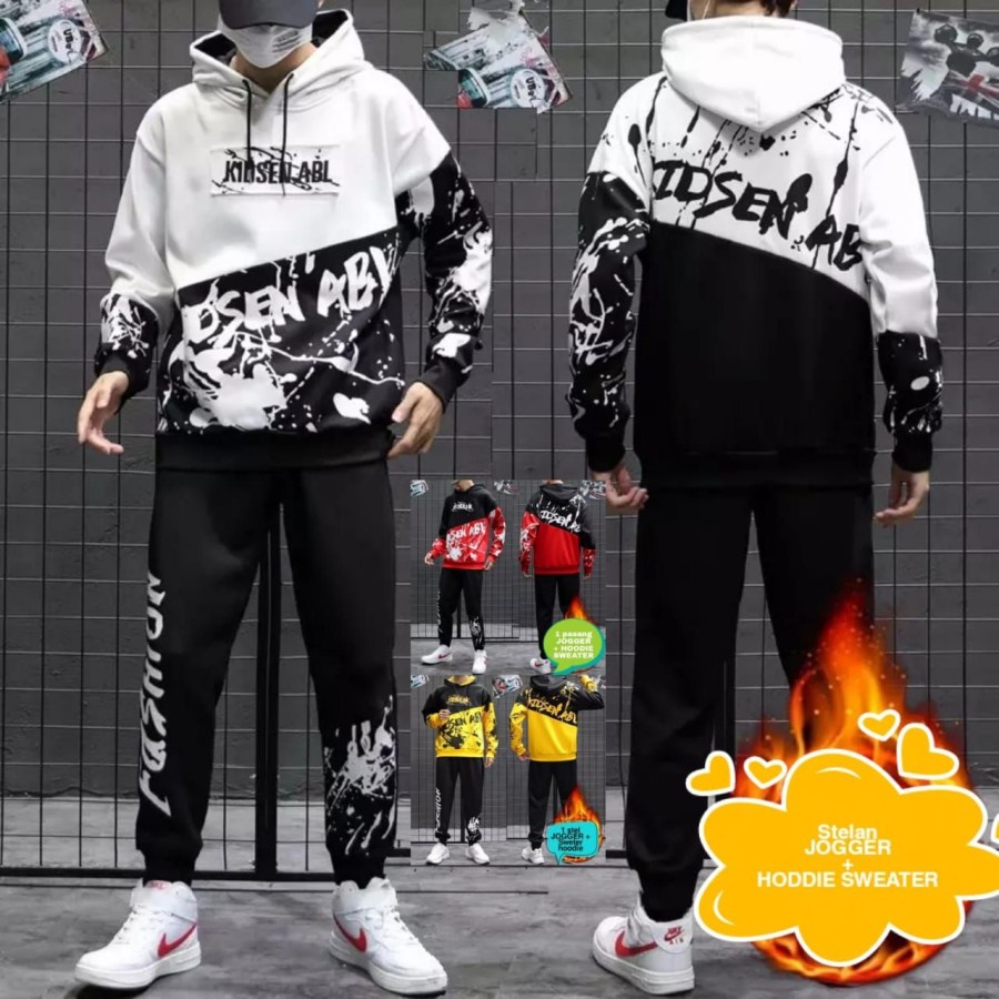 Baju Setelan Outfit Pria Kekinian 1 Set Lengkap Keren Hoodie Stelan Cowok ABL