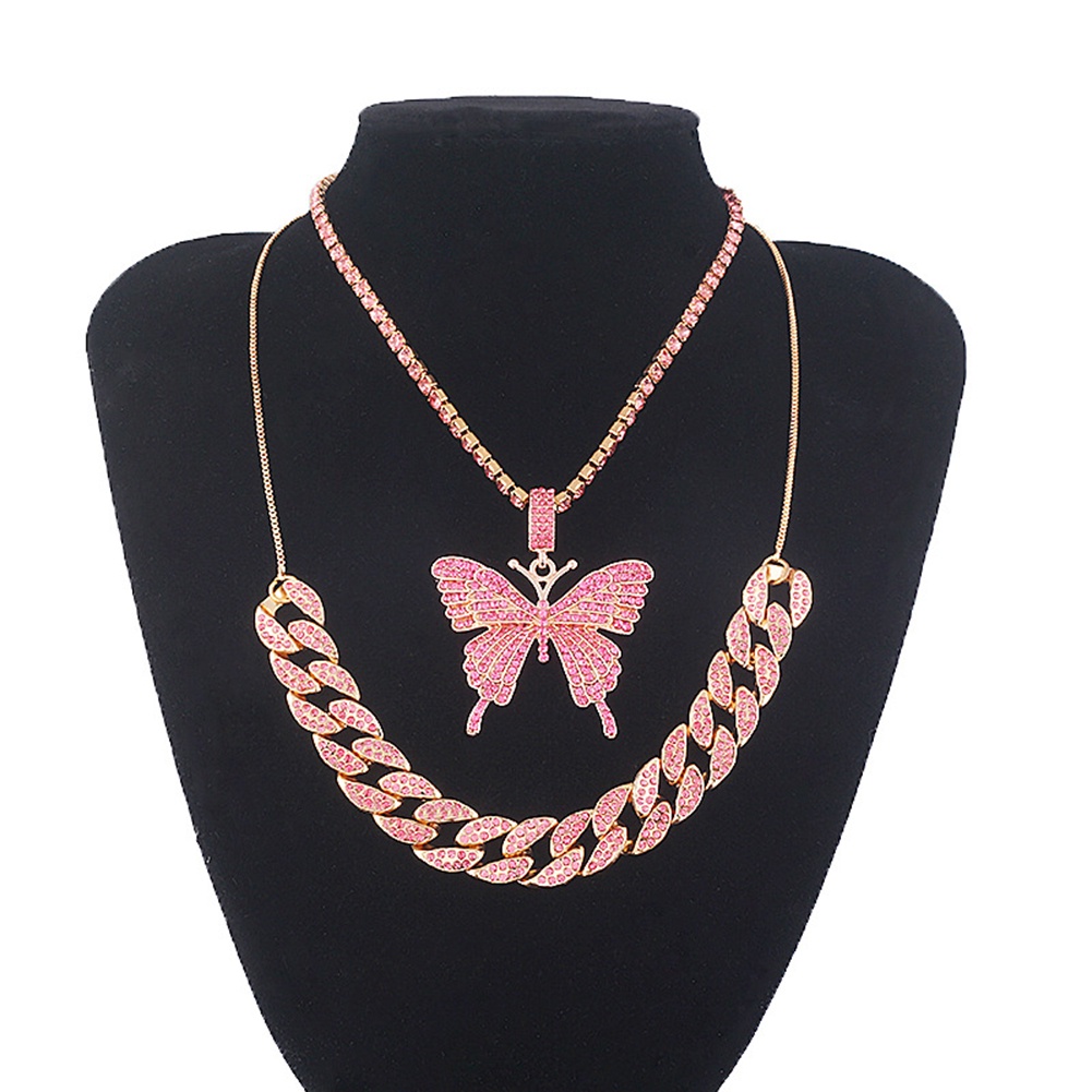 Hu Hu Hu Hu Hu Alat Bantu Pasang Kacamata♡ Kalung Rantai Liontin Kupu-Kupu Berlian Imitasi Dua Lapis Untuk Wanita
