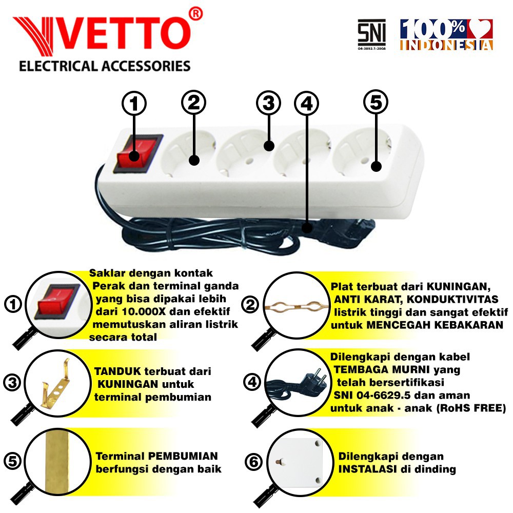 VETTO V8204 Stop Kontak 4 Lubang LC - 1,5 Meter