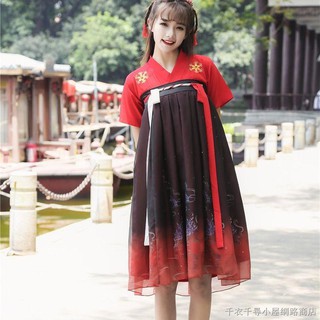 Hanfu Dress Mini O neck Lengan Panjang Motif  Bordir Bunga 