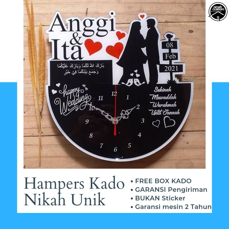 Kado Nikahan Wedding Unik Anniversarry FREE CUSTOM Jam Akrilik Pernikahan Couple Islami