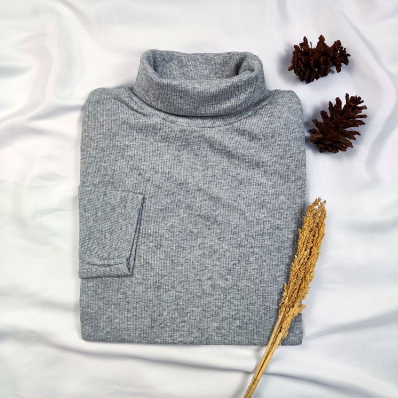 Kaos Turtleneck Pria Wanita Leher Tinggi Rib Premium-Grey