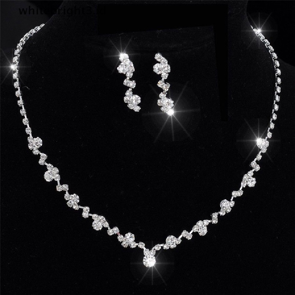 {whitebright3.id} Silver Bridesmaid Crystal Necklace Earrings Set Wedding Bridal Jewelry Jewellery ,