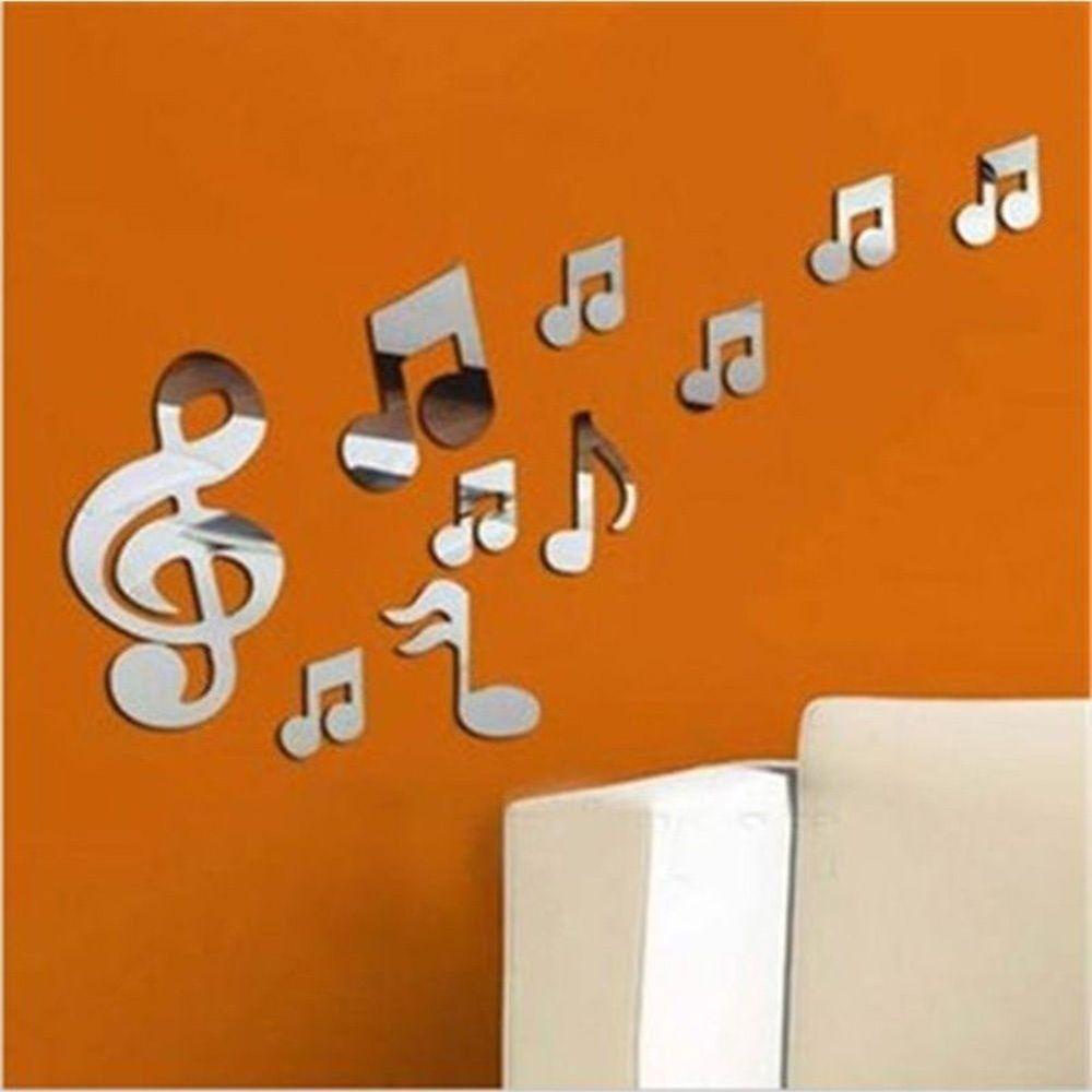 Populer 10pcs /set Stiker Dinding Cermin 3D Keren Dekorasi Rumah Dekorasi Ruang Tamu Not Musik