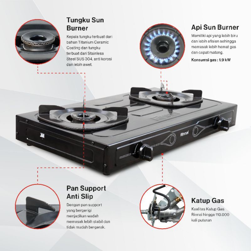 Rinnai RI 202 S RI 202S Kompor Gas 2 Tungku BODY TEFLON SUN BURNER  Kompor Gas Rinnai RI-202 S Dapur hemat