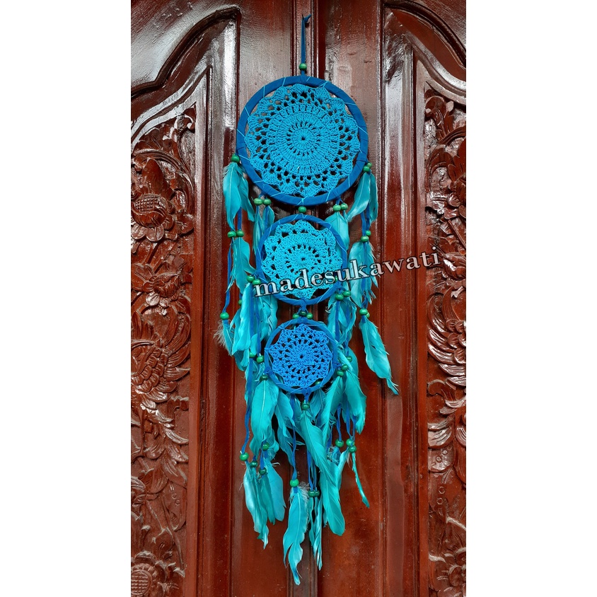 Dream catcher tingkat 3 sulam jaring benang panjang 68cm dekorasi hiasan rumah bulu ayam