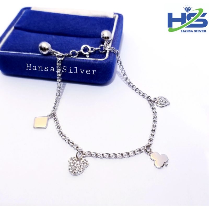 Gelang Tangan Perak Asli Silver 925 Lapis Emas Putih Rantai Victory Gantungan Love - Perak Asli