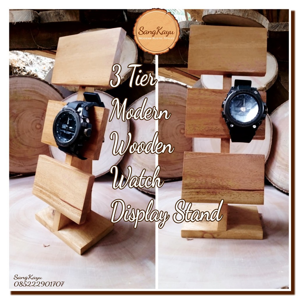 Display jam tangan kayu simple 3 tier wooden watch accessories stand