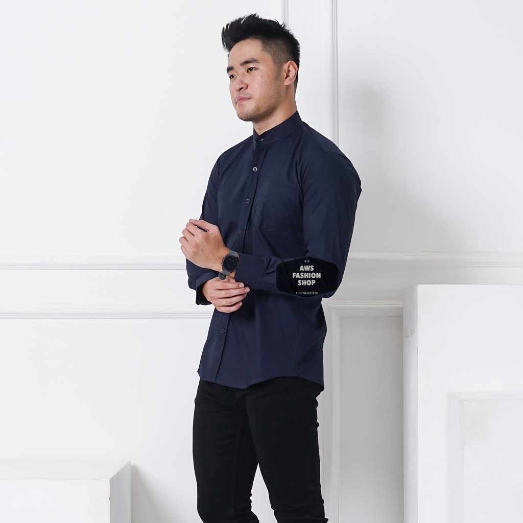 Kemeja Pria Lengan Panjang Polos Biru Navy Dark Blue Kerah Shanghai Koko Polos Slimfit Casual