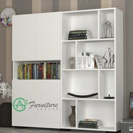Lemari Buku Minimalis House Duco Putih - Kayu Mahoni