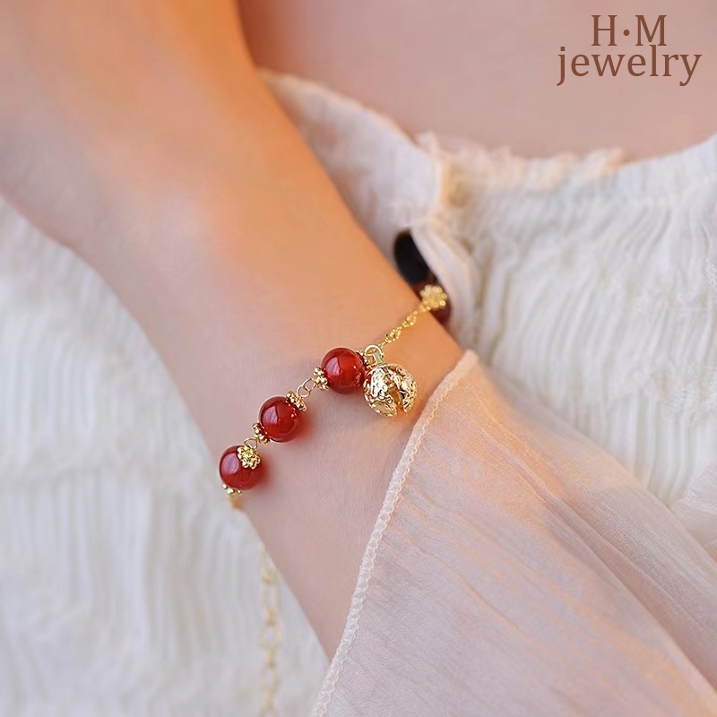 Gelang Tangan Manik-Manik Batu Agate Merah Retro Mewah Untuk Wanita