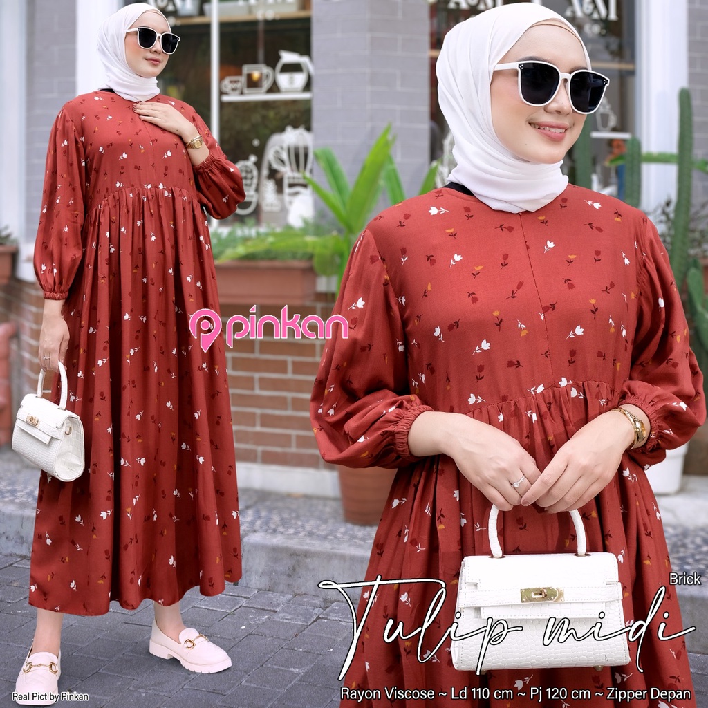 TULIP MIDI // DRESS WANITA DEWASA //GAMIS MIDI// BAHAN RAYON VISCOSE ADEM BY PINKAN