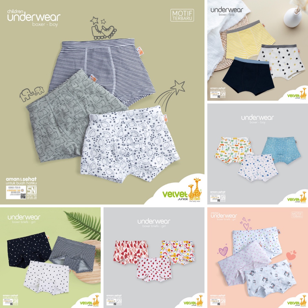 Velvet Boxer Segiempat isi 3 Full Print - Celana Dalam Anak Motif Size SML