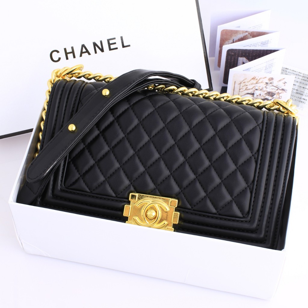 (V)  Chanel Boy Lambskin Gold with Box SEMI PLATINUM 1:1 (Mirip PREMIUM) #9006