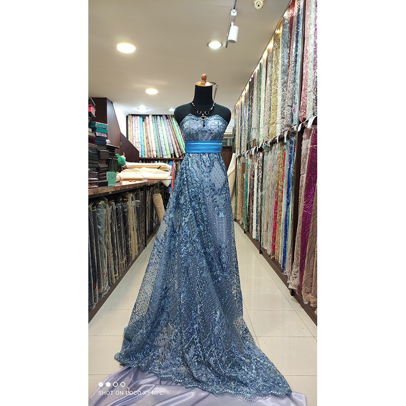 Kain Tile Lace Brokat Dress KEBAYA Bridal Bridesmaid Payet Biru