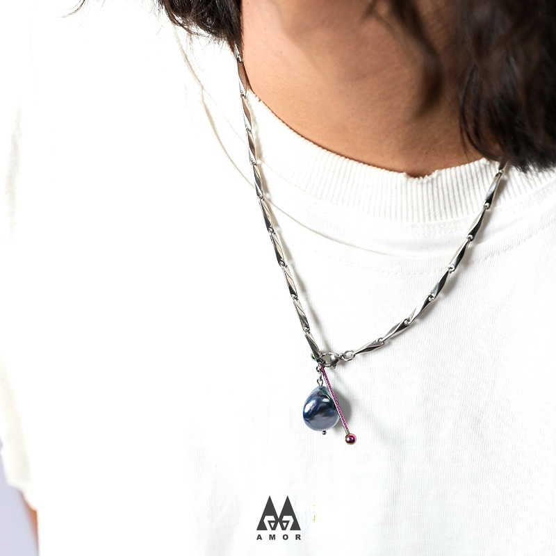 Kalung Liontin Mutiara Biru Bahan stainless steel Gaya hip-hop