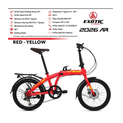 Sepeda Lipat Folding Bike Exotic By Pacific 2026 AR 20 Inch 7 Speed Garansi Termurah-Red Yellow