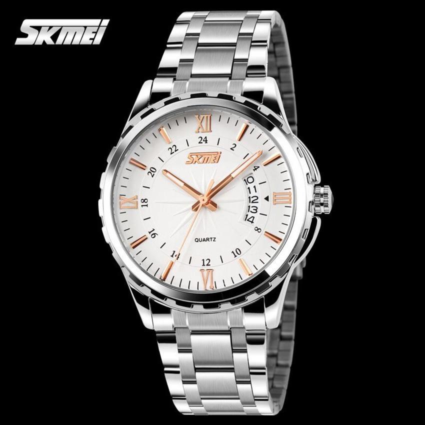 SKMEI Jam Tangan Pria Anti Air Terbaru Ori Analog Tali Rantai Rante Besi Stainless Steel Mewah Elegan Keren Buat Gaya Kasual Import Impor Skimei Original Jamtangan Skemei Orii Casual Laki Laki Dewasa Waterproof WR 50m Arloji Cowok Cowo - Silver