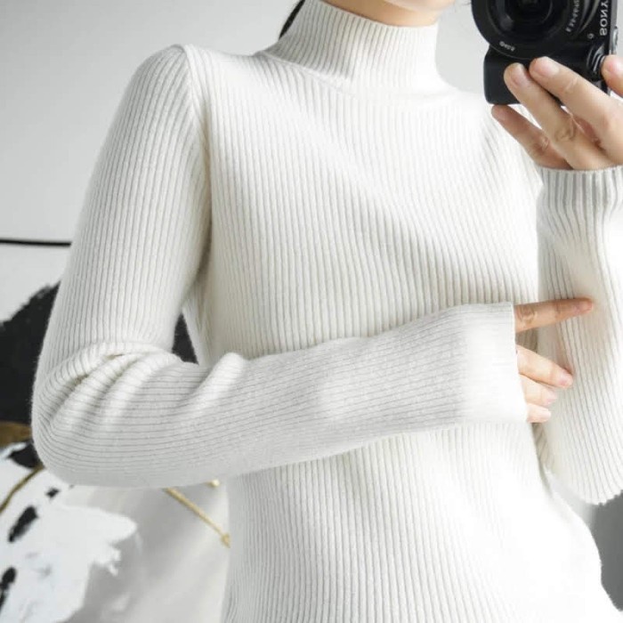 JAKET WANITA Sweater Turtleneck Wanita Big Size / Sweater Rajut Jumbo - JCFashion - Putih CROP TERLA