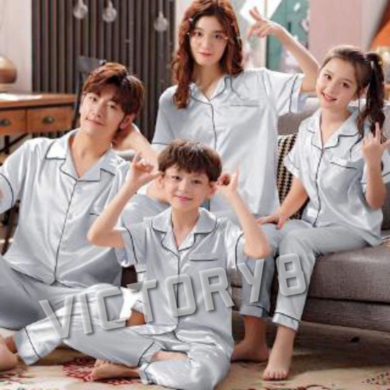 PIYAMA SATIN KELUARGA POLOS/PIYAMA SATIN COUPLE TANGAN PENDEK ABU