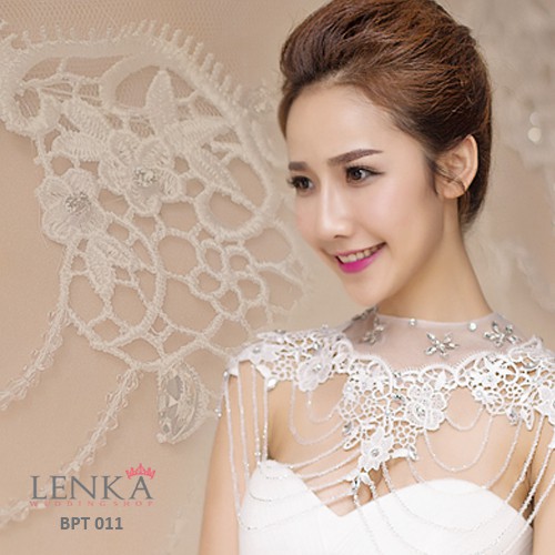 (FAVORITE) AKSESORIS BOLERO PENGANTIN WANITA MUTIARA CRYSTAL LACE PUTIH BPT011