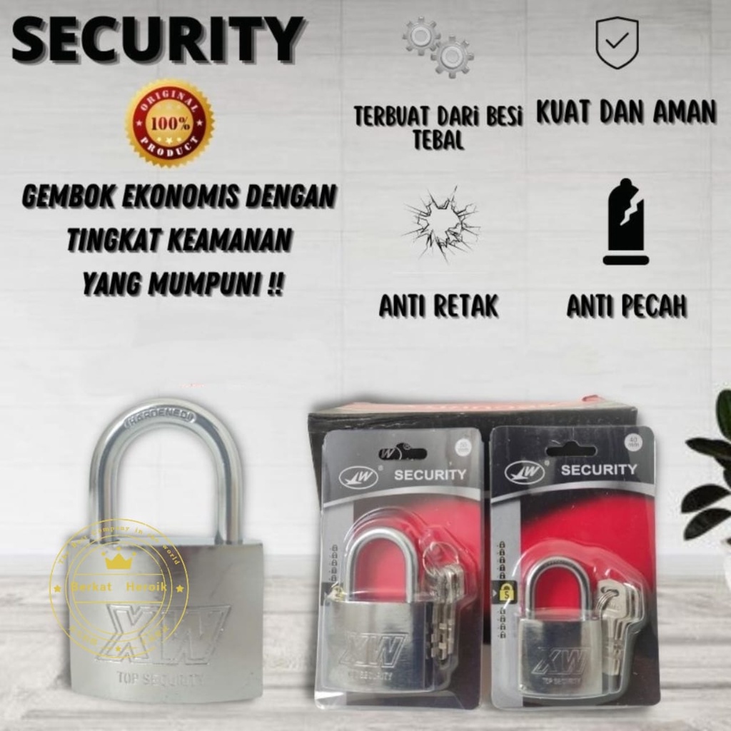 Gembok Pintu Rumah Motor Leher XW Security Silver Pendek Ukuran 40mm 50mm