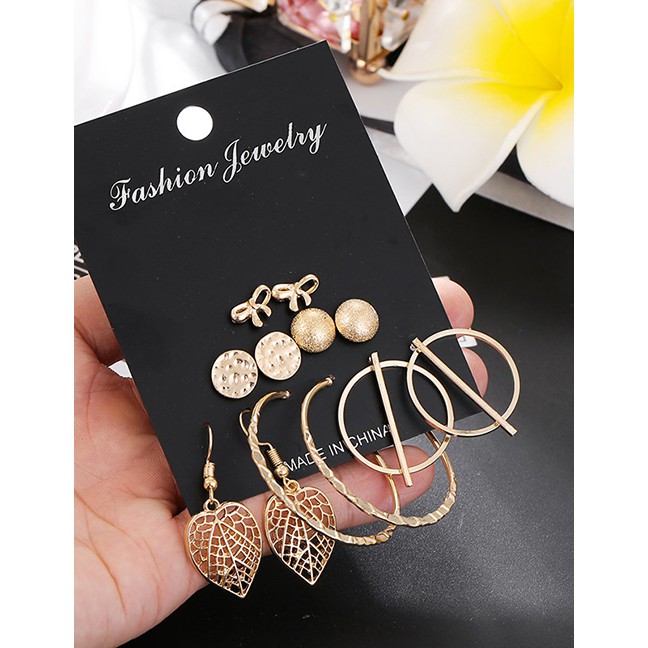 LRC Anting Set Fashion Gold Bow Sequined Leaf Earrings Set f76165