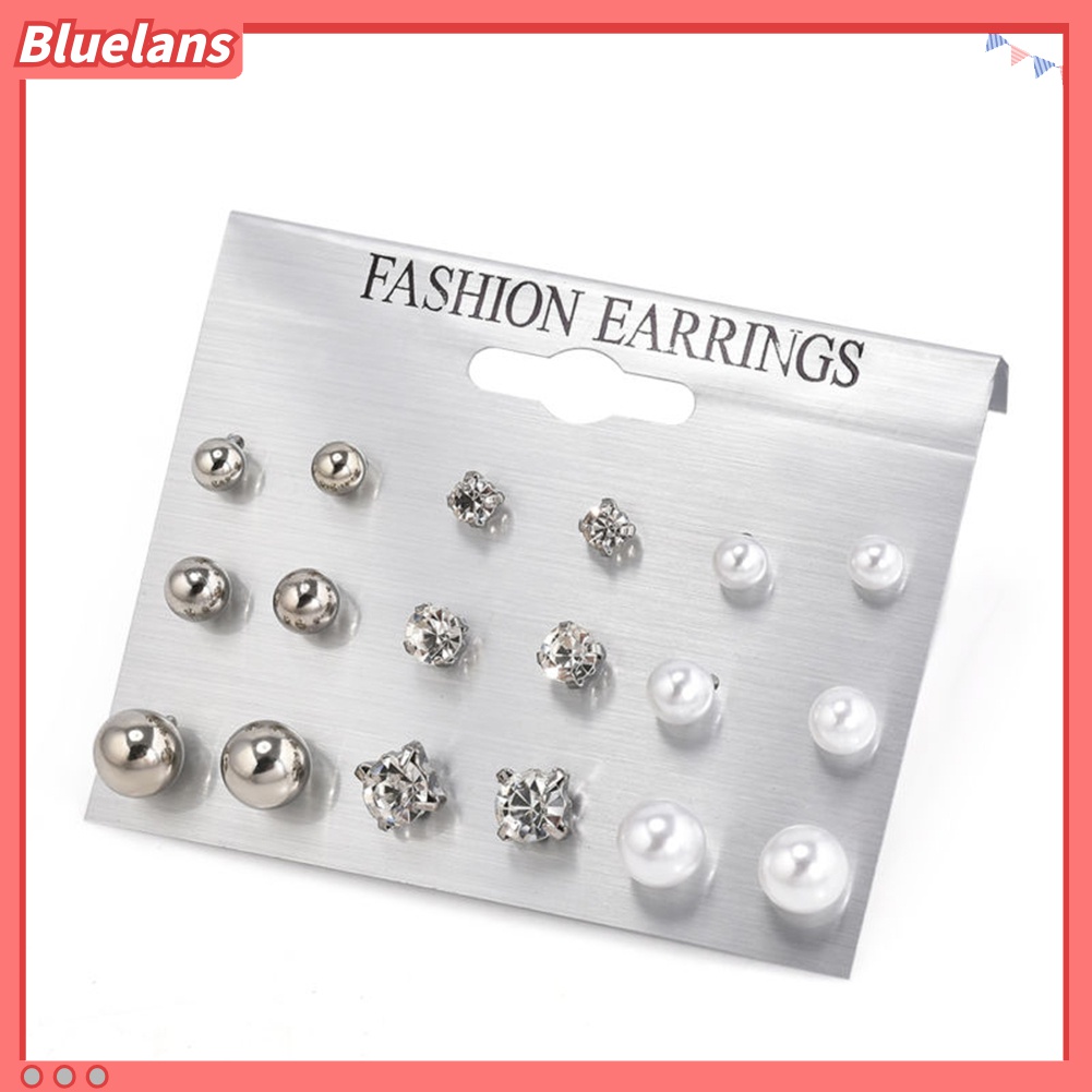 9 Pasang Anting Stud Mutiara Berlian Imitasi Untuk Wanita