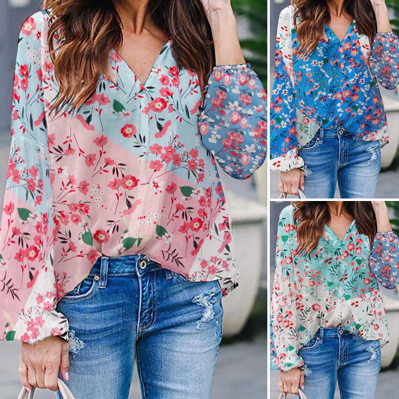 ZANZEA Women V-Neck Casual Long Sleeve Blouse Floral Print Shirt