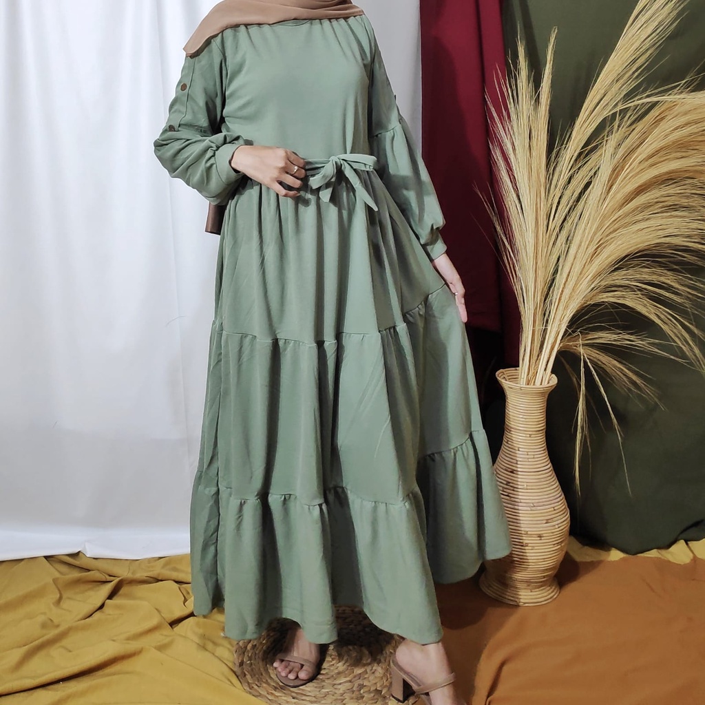 Gamis Wanita Lengan Panjang Fashion Muslim Devi Fit  L-XL Lingkar Dada 100cm Panjang 130cm-DeviButton HijauMint