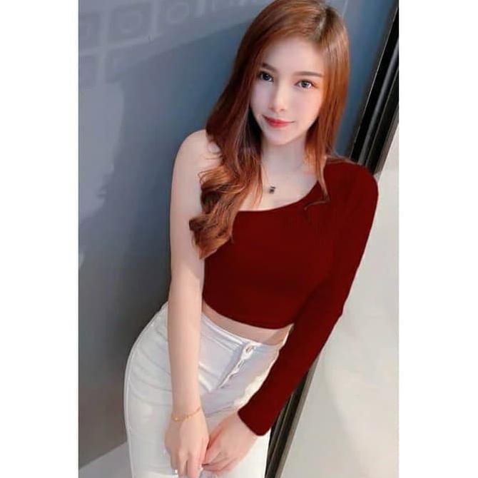 BLUS ATASAN WANITA TOP CROP TOP ONE SHOULDER IMPORT BRALETTE MURAH - Putih