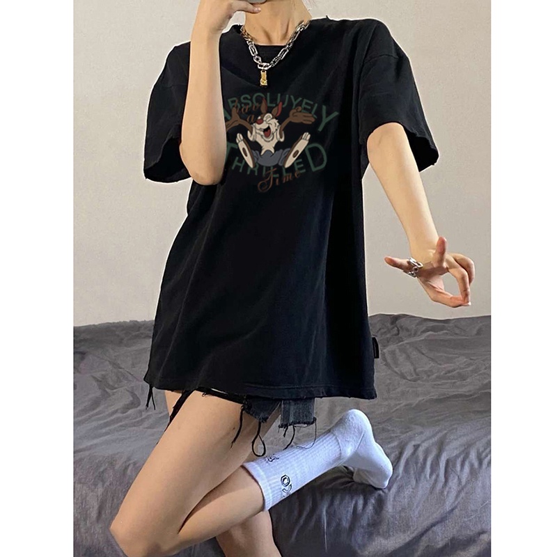 EUNII T-shirt Lengan Pendek Gaya Longgar Hitam Korean Style/Kaos Atasan Wanita/Baju Kaus Oversize Wanita