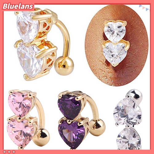 Bluelans Reverse Crystal Zircon Bar Belly Ring Gold Body Piercing Button Navel Two Hearts