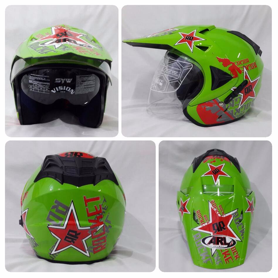 Helm ARL semi Cross Half Face Double Visor Rocket Hijau.