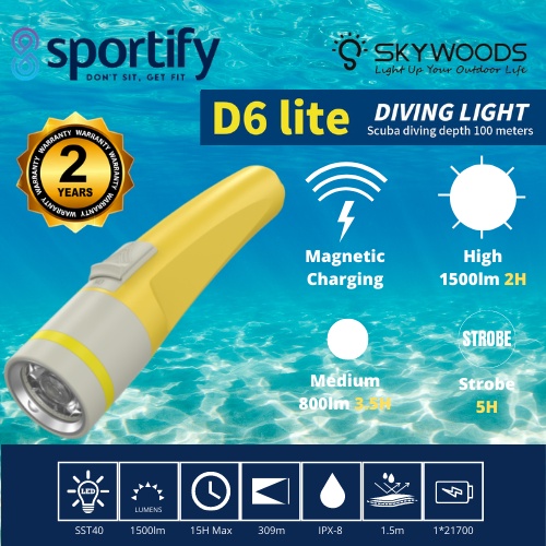 Skywood D6 Lite Diving Flashlight/Senter Selam Underwater 100M IPX8