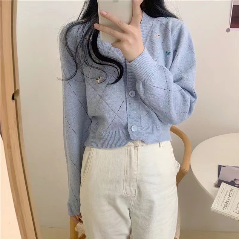 Monica Cardigan Rajut Blossom Motif Bunga Import/Cardigan Korean Style Crop Pink Merah Biru Putih