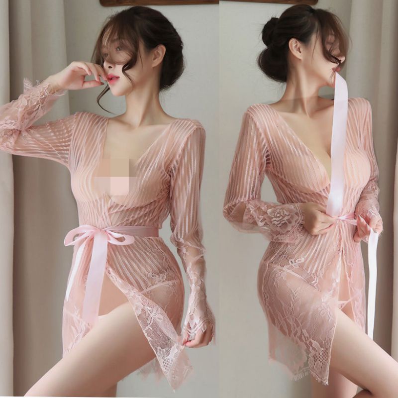 Sexy Lingerie Model Kimono Tidur Bath Robe Night Gown Model Garis Lengan Panjang