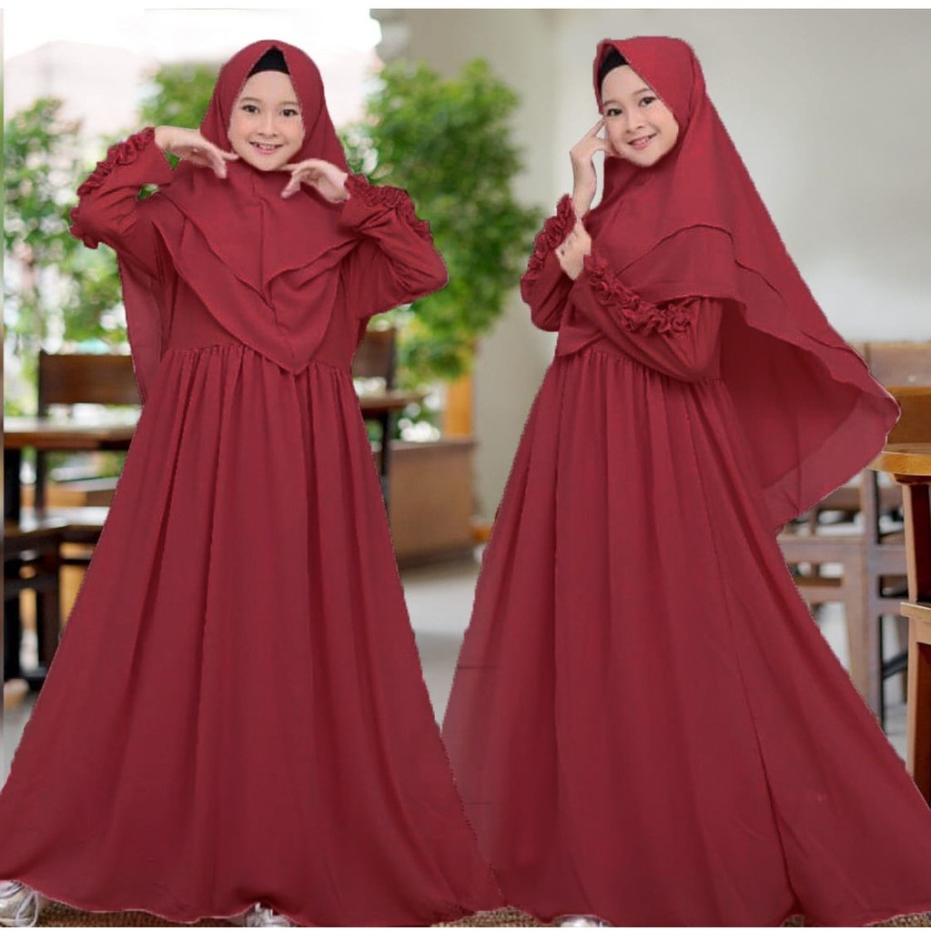 AIZA KIDS Gamis Anak bahan Moscrepe Bergo 2 Layer Umur 10 - 14 Tahun