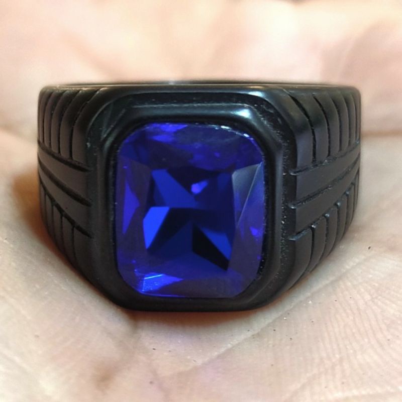 Cincin Titanium Hitam Batu Akik Permata King Safir Sapphire Kotak - 7
