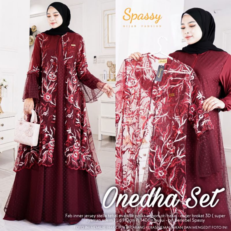 onedha set setelan bruklat tile gamis dan outer ori spassy