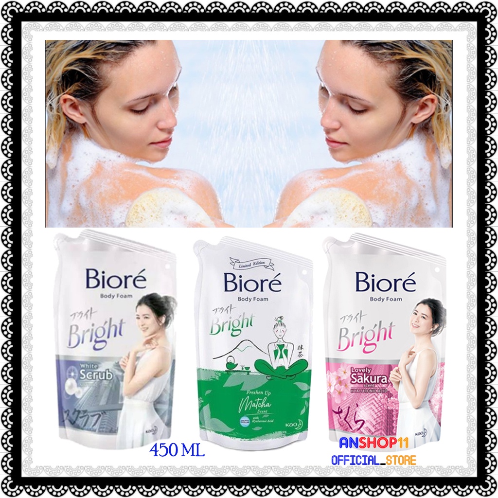 biore sabun mandi cair body foam bright white scrub atau lovely sakura atau matcha 450ml murah di an
