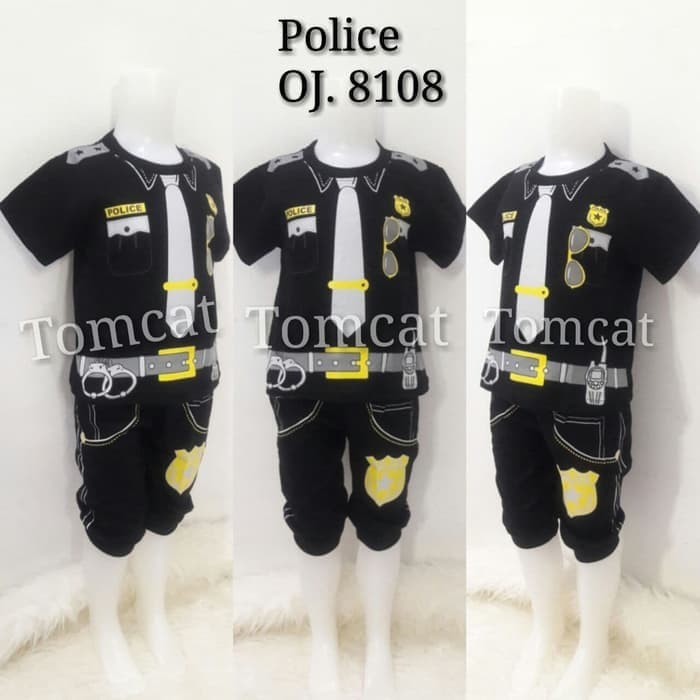 Setelan Baju Profesi Anak Polisi Hitam Kaos Joger Kostum Cowok Usia 1-10 Tahun