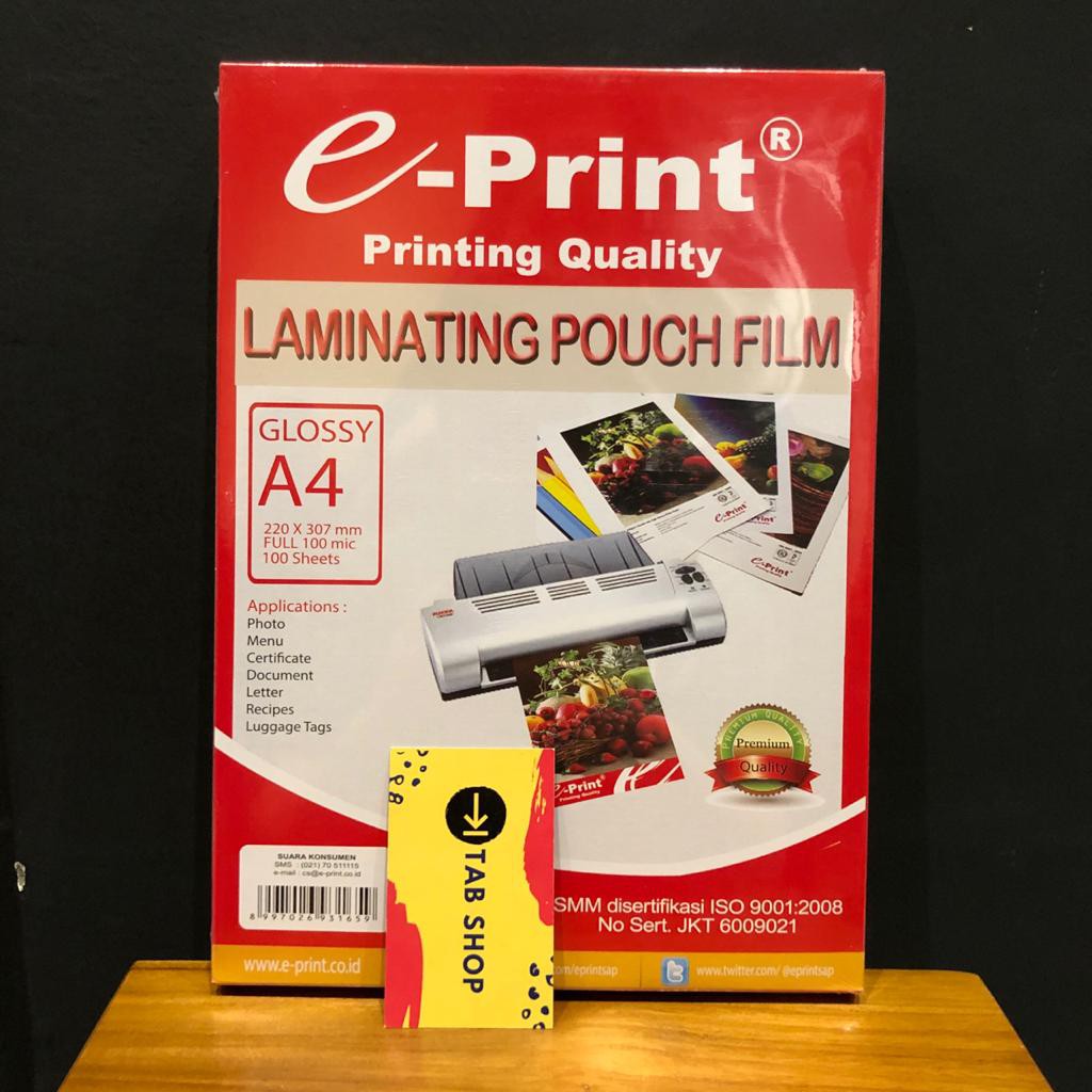 

TAB SHOP - EPRINT LAMINATING POUCH 100MIC A4 100 SHEETS - E-PRINT LAMINASI PANAS A4 100 MIC 100 LEMBAR